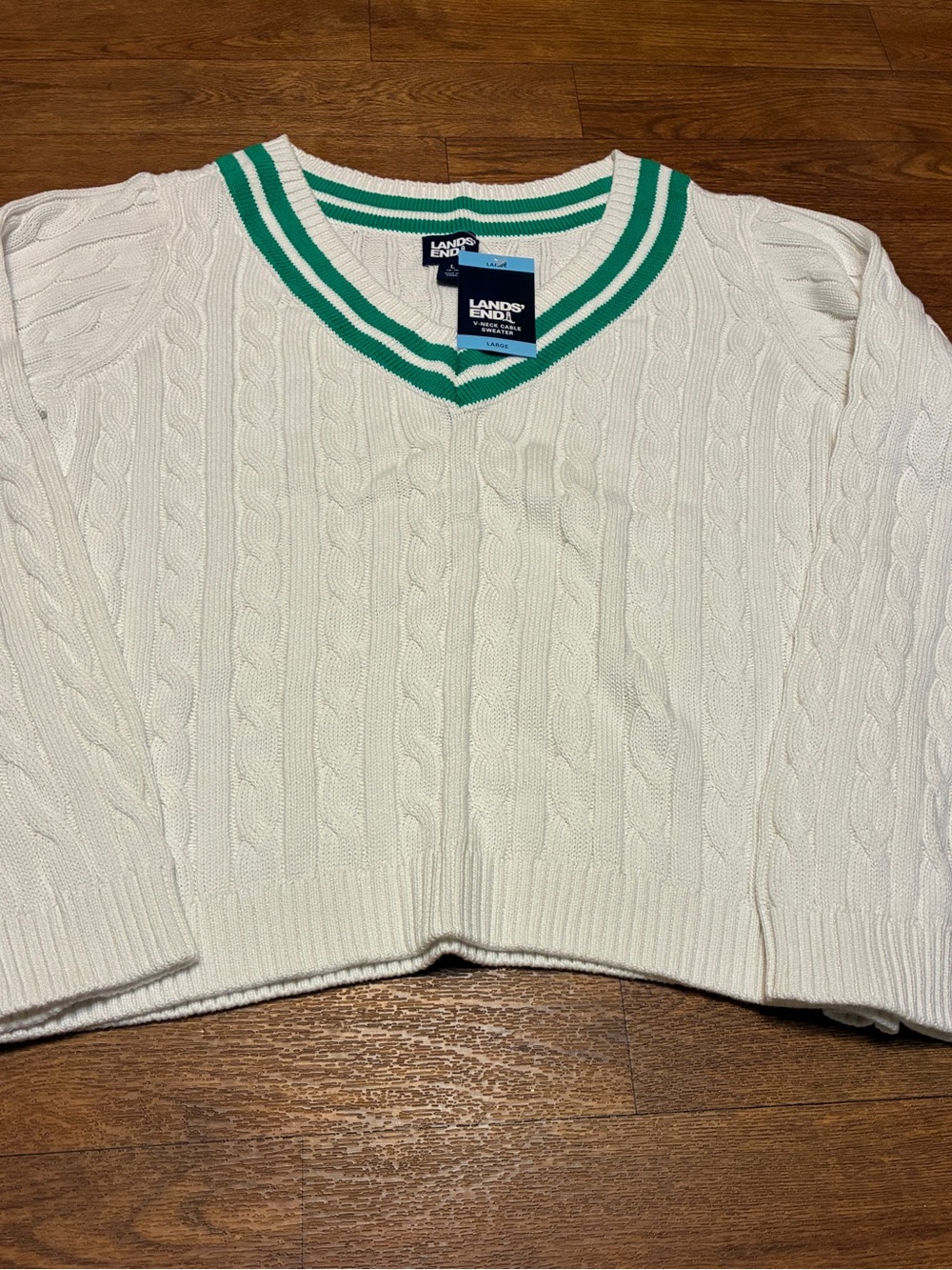 Lands' End Women's White Cable V-Neck Sweater with Green Stripe NWT
